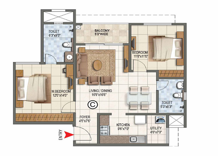 Prestige Gardenia Estates 1 BHK Floor Plan